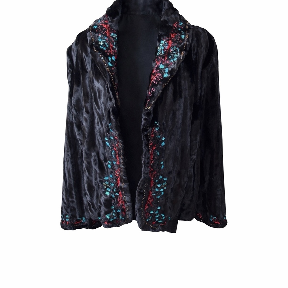 Terry Lewis Tiger Mills Black Faux Fur Embroidered Floral Jacket M